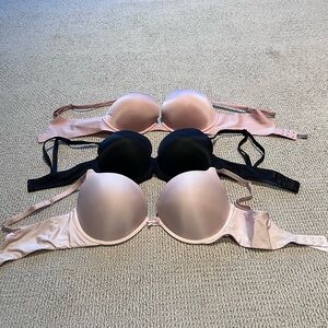 Victoria’s Secret bundle of 3 Push-Up Bras- Pink, Black, Blush
